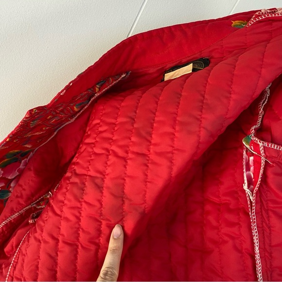 VTG Floral Peacock Mandarin Collar Jacket M 18”PTP Red Boho Chic Retro Artsy - Picture 12 of 16